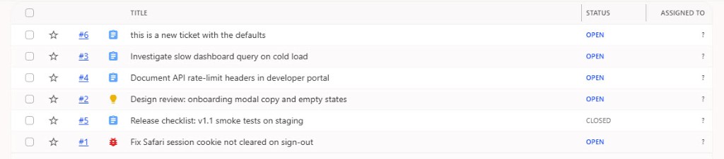 DevTicket ticket list with IDs, task types, titles, OPEN or CLOSED status, and assignees